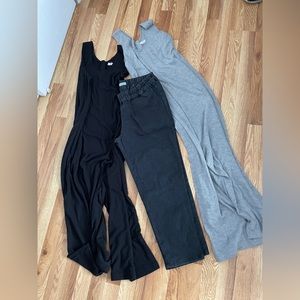 Storq maternity bundle two jumpsuits and black pants sz med, grey and black